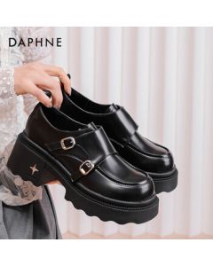 Daphne Platform Loafers for Women - 2025 Spring British Style Leather Shoes, Height-Increasing Black Flats, Size 36 Black