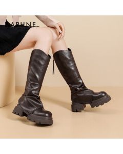 Daphne V-Cut Platform Thigh-High Boots for Women 2025, Autumn High Knight Boots, Stacked Cuff Long Boots, Brown, Size 37