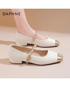 Daphne French Mary Jane Women's Shoes Spring Square-Toe Elegant Flats Small Fragrance Style Two-Tone High Heels - Beige, Size 37