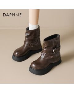 Daphne Women's Ankle Boots 2025 Autumn/Winter New Chunky Heel Height-Increasing Stacked Boots Wrinkled Boots Brown Size 35