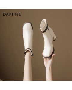 Daphne Women's Ankle Boots Chunky Heel Belt Buckle Slim Boots 2025 Winter New Versatile Martin Boots Beige Size 38