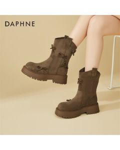 DAPHNE Bow-Embellished Fleece-Lined Platform Ankle Boots for Women, Slimming Mid-Calf Western Cowboy Boots, Marled Boots, Khaki, Size 36
