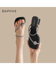Daphne Women's Sandals French Crystal Toe Post Thick Heel Flip Flops Outdoor Slippers 4024303015 Black 38