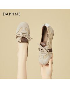 Daphne French Ballet Flats Women's Versatile Flat Sneakers Lace-Up Casual Slip-On Shoes Beige Size 37