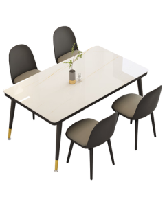 Fanshe Dining Table Set for Home Use, 4-6 Seater Dining Table with Rock Plate Pattern Glass Top, Compact Dining Table and Chairs Set