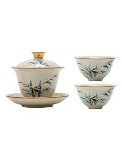 Golden Inlaid Jade Kung Fu Tea Set by Master Chen Peiming: Rice-Yellow Ru Kiln Three-Talent Covered Bowl with Two Small Cups, Tea Offering Bowl, and Hand-Held Pot, Bamboo Sound