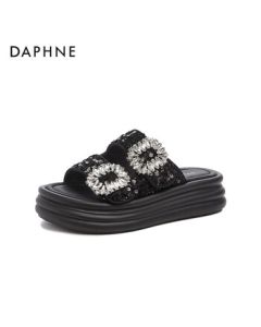 DAPHNE Women's Sandals with Thick Sole and Rhinestone Straps, Casual Versatile Flip Flops 4024303138, Black, Size 37