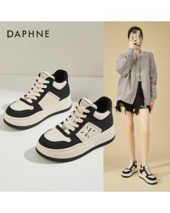 Daphne Platform Sneakers for Women - Winter Fashion High-Top Chunky Sole Panda Shoes in Black and White, Casual Lace-Up Shoes, Black, Size 36