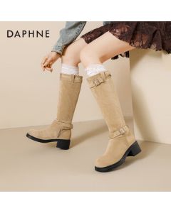 Daphne Fashion Women's Boots 2025 Autumn/Winter Maillard Stacked Knee-High Boots Round Toe Tall Riding Boots - Khaki, Size 37