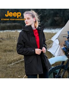 Jeep Women's Warm Outdoor Windproof Waterproof Detachable Fleece Two-Piece Jacket Set - Brand Black L