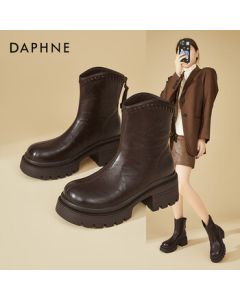 Daphne Fashion Chunky Heel Mid-Calf Martin Boots for Women, Winter British Style Versatile Chelsea Boots with Fleece Lining, Short Boots, Brown, Size 35