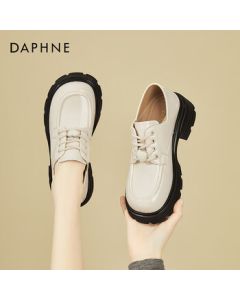 Daphne Platform Loafers for Women - Fashionable Soft Leather Two-Way Slip-On Shoes, British Style Versatile Chunky Heel Women's Shoes, Beige, Size 35