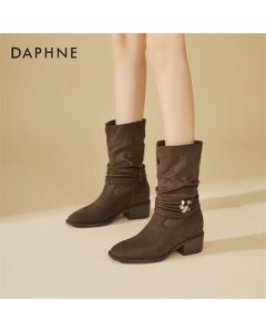 DAPHNE Retro Pleated Western Cowgirl Boots for Women, Malard Short Boots with Chunky Heel, Faux Fur-Lined Stacked Boots, Mid-Calf Boots, Brown, Size 37