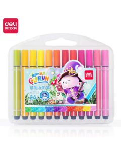 Deli Triangular Barrel Washable Watercolor Markers Set for Kids, Large Capacity Beginner Watercolor Pens for Kindergarten, 24 Colors/Box 70722