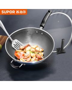 SUPOR Non-Stick Wok with Crystal Diamond Honeycomb Pattern, 34cm 316 Stainless Steel, Universal for Induction and Gas Stoves, Household CC34JA9