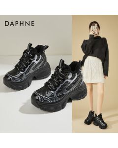 Daphne Fashion Versatile Platform Sneakers for Women, Winter Lined Warm Retro Dad Shoes, Black, Size 37