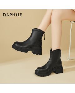 DAPHNE Thick-Sole Rear-Zip Furry Ankle Boots for Women, Round-Toe Chunky Heel British Style Slimming Leather Fashion Boots, Black, Size 36