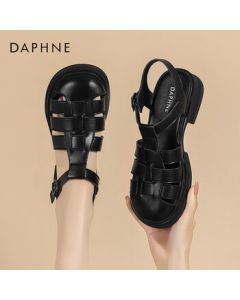 Daphne Women's Sandals Sheepskin Closed-Toe Woven Single Strap Roman Sandals Shoes 4023303197 Black 34