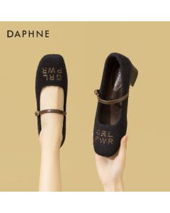 Daphne Square-Toe Chunky Heel Furry Mary Jane Shoes Women's Fashion Versatile Commute Low-Cut Furry Flats Women's Shoes Black 38