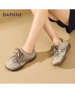 Daphne Double Lace-up German Training Shoes for Women, Chunky Platform Fashion Casual Sneakers Dad Shoes - Beige, Size 38