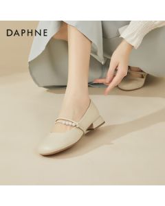 DAPHNE French Elegance Chunky Heel Mary Jane Shoes for Women, Fashionable and Versatile Small Scented Pearl Mary Janes, Beige, Size 34