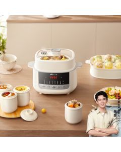 Bear Electric Stew Pot with Steaming Basket, 4.1L Ceramic Slight-Pressure Double Boiler for Home Use, Model DDZ-J25G2