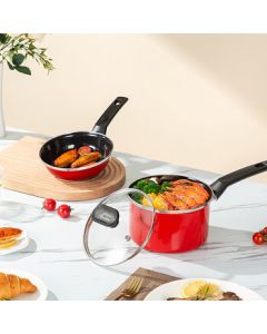 FAGOR FG-HHD02NJ Enamel Frying Pan and Milk Pot Set, Compatible with Electric Ceramic Cooktops and Gas Stoves, Red Series