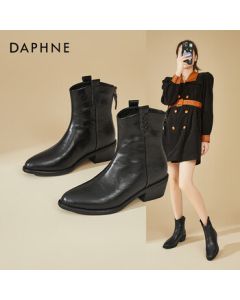 Daphne Pointed Toe Chunky Heel Mid-Calf Chelsea Boots for Women, Winter French-Style Versatile Fleece-Lined Warm Leather Ankle Boots, Black, Size 39