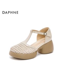 Daphne Hollow-Out Sandals Women's Summer New Color-Blocking Soft-Sole Breathable Mid-Heel Sandals 4025101693 Beige 39