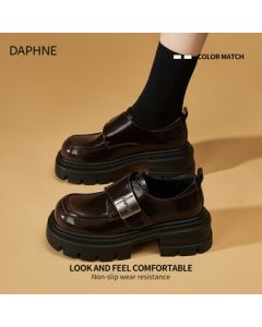 DAPHNE Women's Shoes Thick Sole 2025 Autumn New Versatile Black British Leather Flats Elevator Loafers
