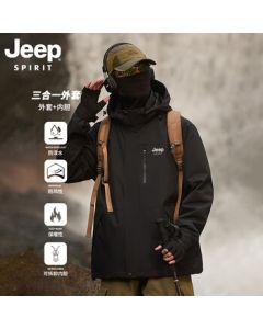 JEEP Men's All-Weather 3-in-1 Outdoor Mountaineering Jacket Windproof Waterproof Windbreaker - Black 3XL