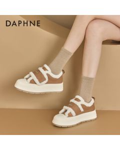 Daphne Fleece-Lined Thick-Sole White Sneakers for Women, New Winter Women's Shoes Anti-Slip Two-Tone Fur Shoes Casual Shoes, Brown, Size 35