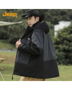 JEEP Men's Jacket Spring Autumn Loose Hooded Baseball Jacket Outdoor Sports Windbreaker 072 Black 3XL
