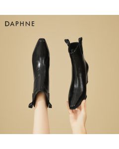 DAPHNE Fashion Versatile Wedge Heel Ankle Boots for Women, Back Zipper Slim Chelsea Boots, Faux Fur Lined Leather Boots, Black, Size 36