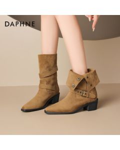Daphne Retro Pleated Ankle Boots for Women, Autumn/Winter Maillard Western Martin Boots 4025605035, Camel, Size 39