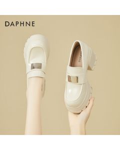 DAPHNE Platform Loafers for Women - Chunky Heel Fashionable Soft Leather Versatile Dress Shoes, Beige, Size 36