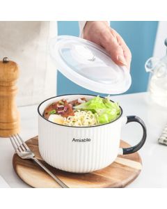 Weimingnuo Ceramic Bowl with Lid, Household Sealed Food Storage Container, Single Handle Lunch Box, Rice Bowl with Vertical Stripe Design, Noodle Bowl