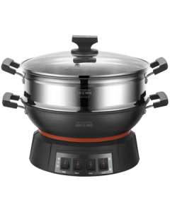 Peskoe Electric Steamer Multi-Purpose Pot 34CM Electric Frying Pan Cast Iron Body Electric Cooking Pot QT1-34 with Steamer