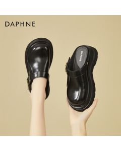 DAPHNE Platform Birkenstock Women's Leather Shoes Fashionable Versatile Two-Way Open-Toe Slippers - Black, Size 36