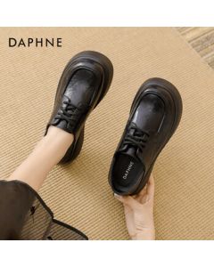 Daphne Retro Versatile Comfortable British Style Black Lace-Up Flat Shoes with Thick Platform and Height-Increasing Loafers - Black, Size 40