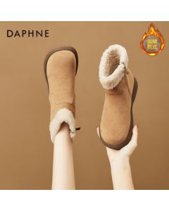 Daphne Genuine Leather Winter Snow Boots for Women, New Thickened Fleece-Lined Short Boots, Warm Cotton Shoes, Brown, Size 40
