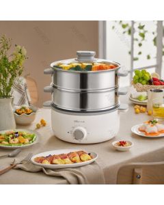 Bear Electric Steamer Multi-Purpose Pot, 13L Large Capacity Household Stainless Steel Double-Layer Timer Steamer for Breakfast, Anti-Dry Burn Detachable DZG-CA3A1