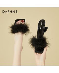 DAPHNE Fairy-style Fluffy Sandals for Women, Summer Outdoor Wear Chunky Heel High Heel Elegant Thong Sandals - Black, Size 36