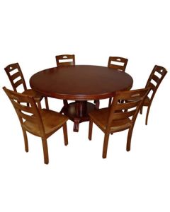Libang Round Dining Table and Chair Set, Canteen Round Table and Chairs 1+6, Walnut Color, 1.5 Meters
