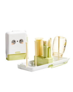 beedoll Beidou Portable Baby Bottle Brush Set with Straw Brush, Nipple Brush, Cup Brush, and Drying Rack - Bright Moon White