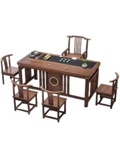 Jinguan Tea Table Set with Integrated Zen Tea Table and Chair Combination, 1.8m Moonlight Table + Comb Chair + 4 Crescent Chairs