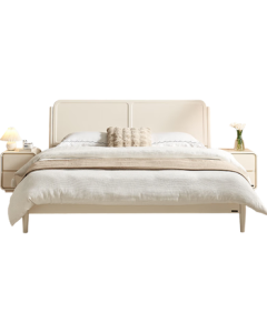 QuanU Home Cream-Colored Panel Bed 1.5m x 2m Modern Minimalist Solid Wood High-Leg Double Bed for Master Bedroom