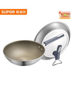 SUPOR Wok CC30JG3 Titanium Non-Stick Coating-Free Wok 30cm + Kitchen Wet Wipes (1 Pack)