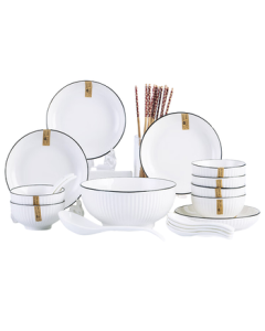 Haoya Underglaze Jingdezhen Family Bowl and Dish Set Ceramic Tableware Bowl Plate Chopsticks Spoon Combo Yamada Vertical Stripe 24-Piece