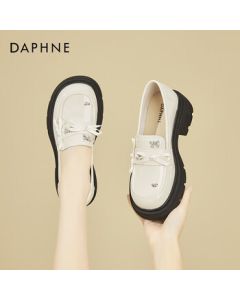 DAPHNE Slip-On Chunky Heel Loafers for Women, Fashionable Thick-Soled British Style Soft Leather Versatile Shoes, Beige, 38